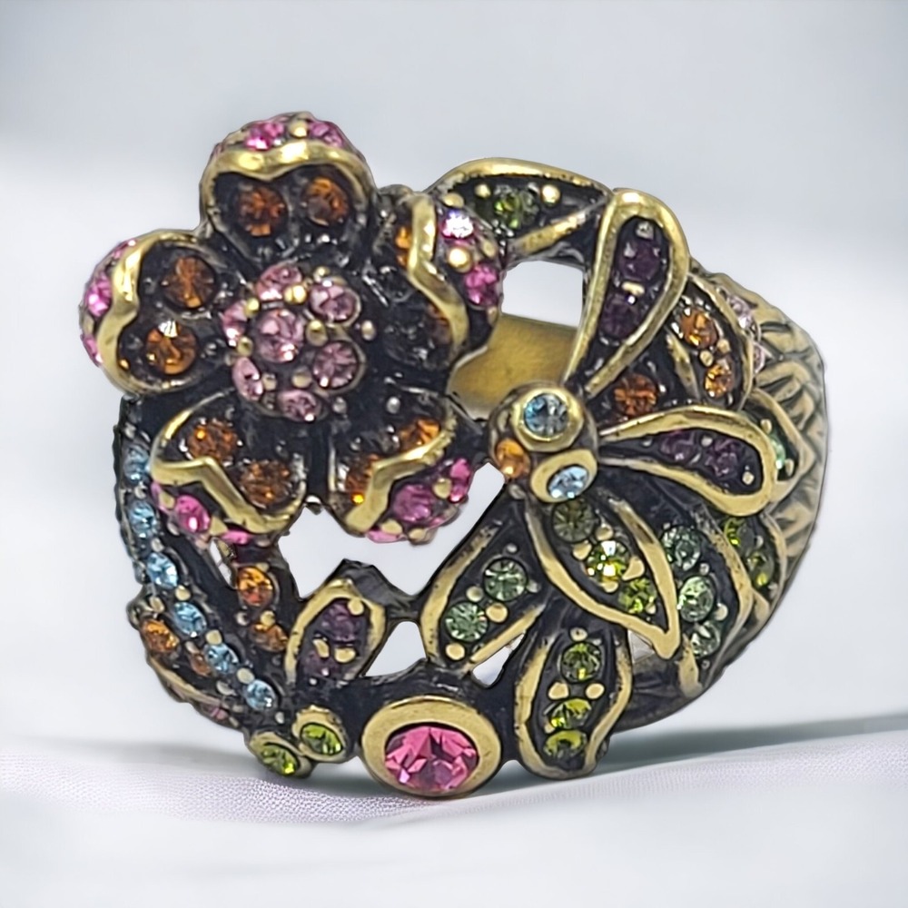 Heidi Daus Bee Flower Ring Multi Color Crystals Bronzetone Size 11.5